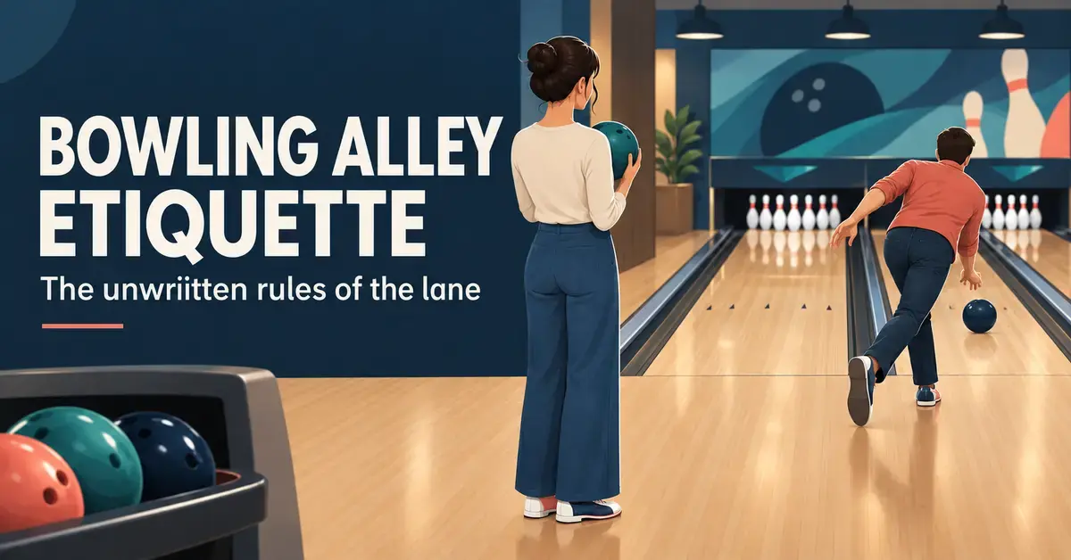 Illustration of a bowler waiting while the neighbour on the right takes a turn, beside the words “Bowling Alley Etiquette: The unwritten rules of the lane”.