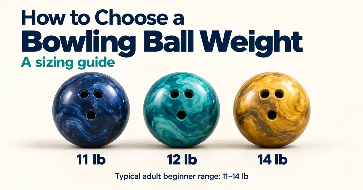 Bowling ball weight sizing guide showing three equal-sized balls labelled 11 lb, 12 lb and 14 lb, with a typical adult beginner range of 11–14 lb.