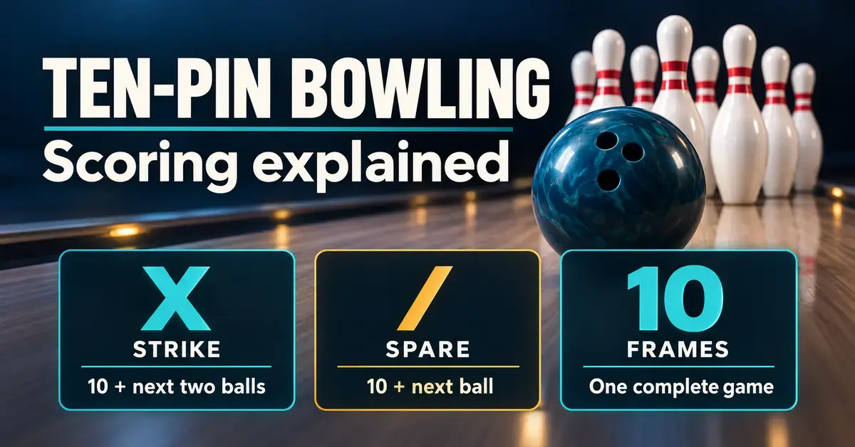 A bowling ball and pins beside scoring cards showing that a strike adds the next two balls, a spare adds the next ball, and a game has ten frames.
