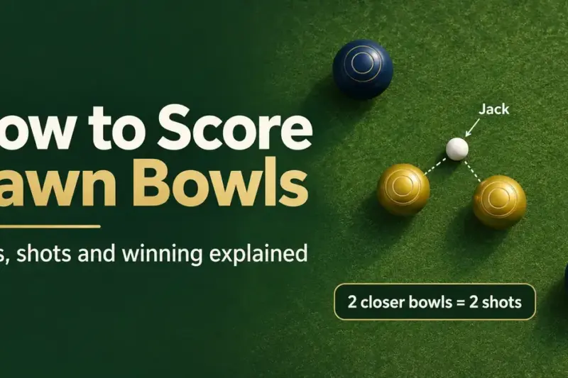 Lawn bowls scoring graphic showing two gold bowls closer to the white jack than two navy bowls, earning two shots.