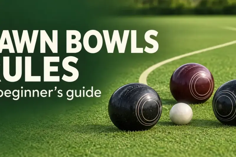 Three lawn bowls beside a small white jack on a grass green, with a curved path and the text “Lawn Bowls Rules: A beginner’s guide”.