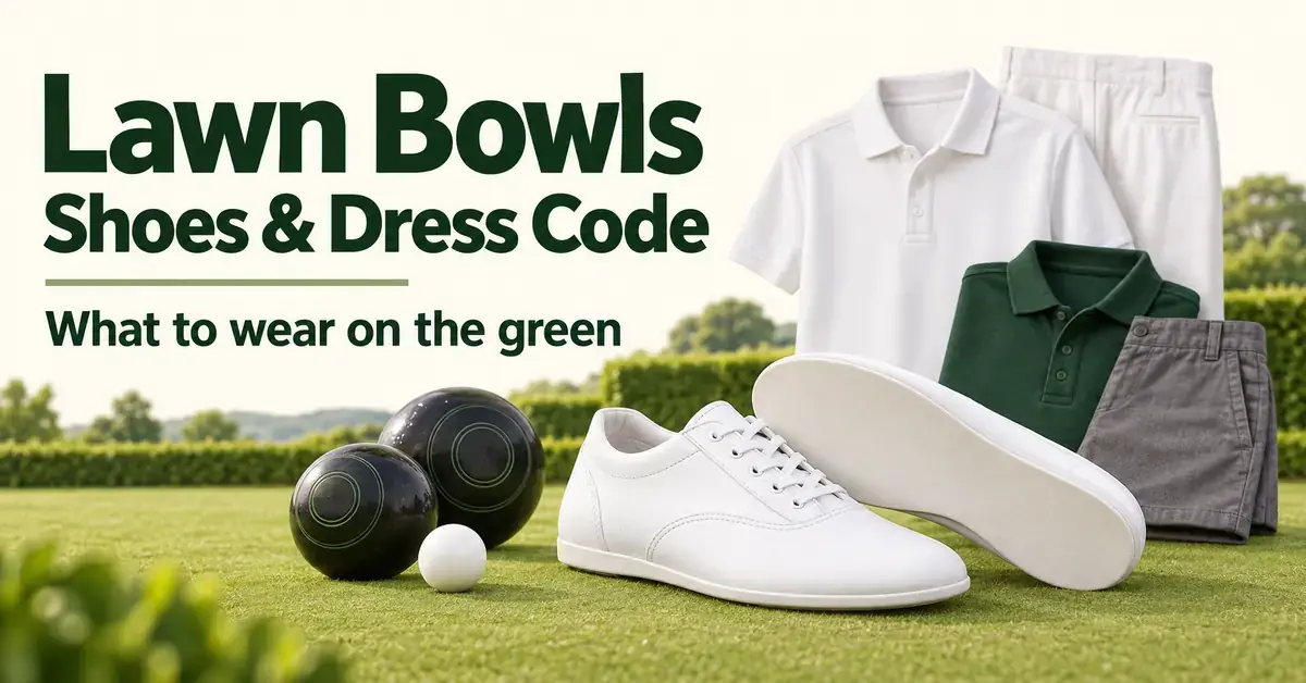 Flat-soled white lawn bowls shoes beside bowls and a jack, with traditional whites, a green club polo and grey shorts illustrating what to wear on the green.