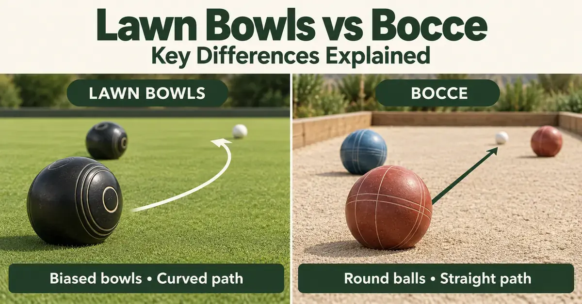 Side-by-side comparison of lawn bowls curving across a grass green towards a jack and round bocce balls rolling straight towards a pallino on a sandy court.