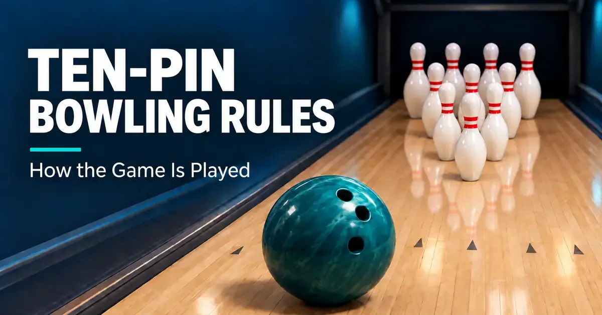 A teal bowling ball and ten white pins on a wooden lane beside the title “Ten-Pin Bowling Rules: How the Game Is Played”.