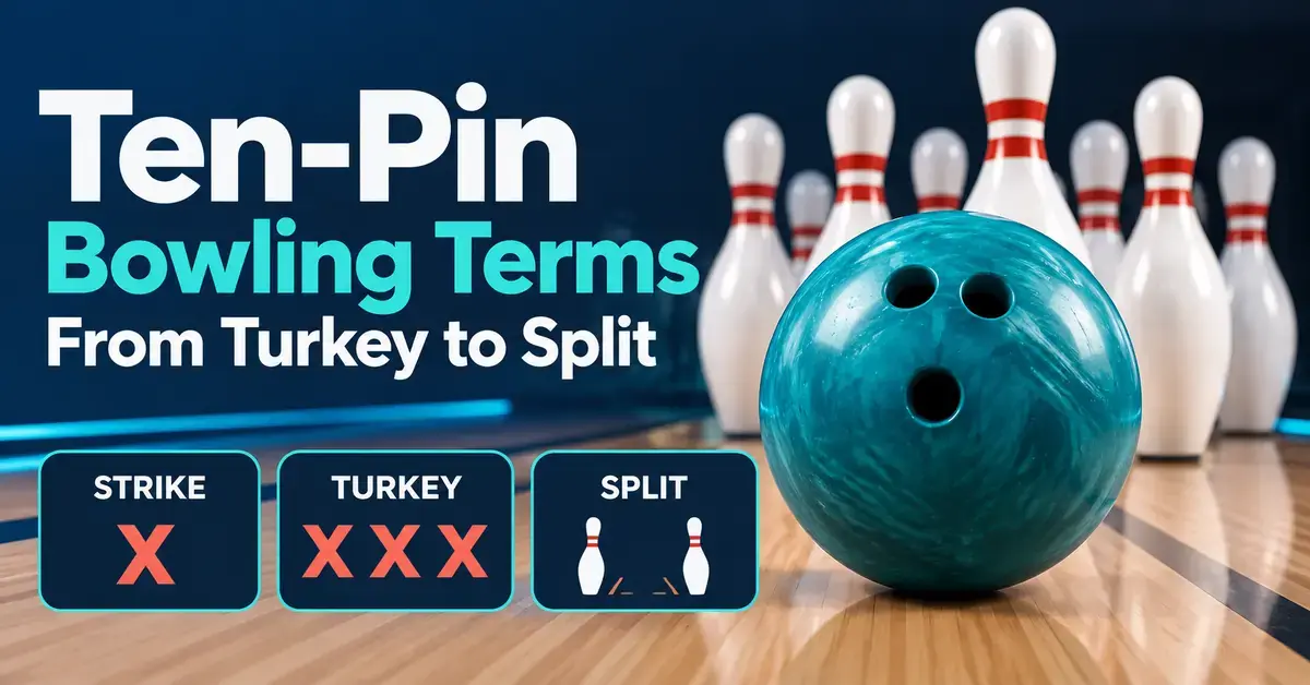 A turquoise bowling ball and white pins accompany the title ‘Ten-Pin Bowling Terms: From Turkey to Split’ and graphics representing a strike, a turkey and a split.