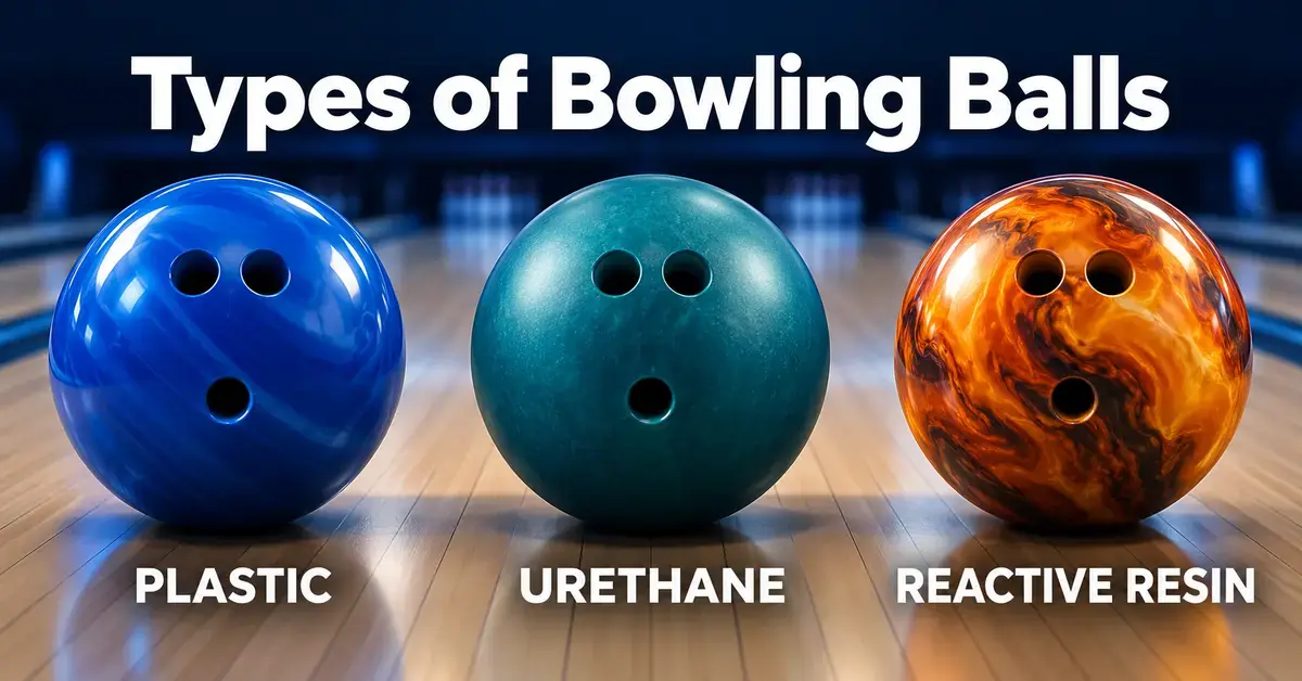Blue plastic, teal urethane and amber reactive resin ten-pin bowling balls displayed side by side on a bowling lane with labels identifying each type.