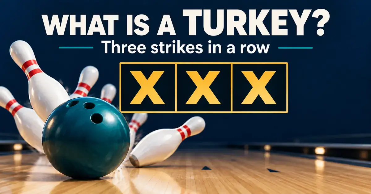 A teal bowling ball and falling pins beside three consecutive strike symbols illustrate a turkey in ten-pin bowling.