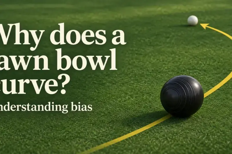 A dark lawn bowl on a green with a yellow arrow curving towards a white jack, illustrating bias, beside the words “Why does a lawn bowl curve?” and “Understanding bias”.