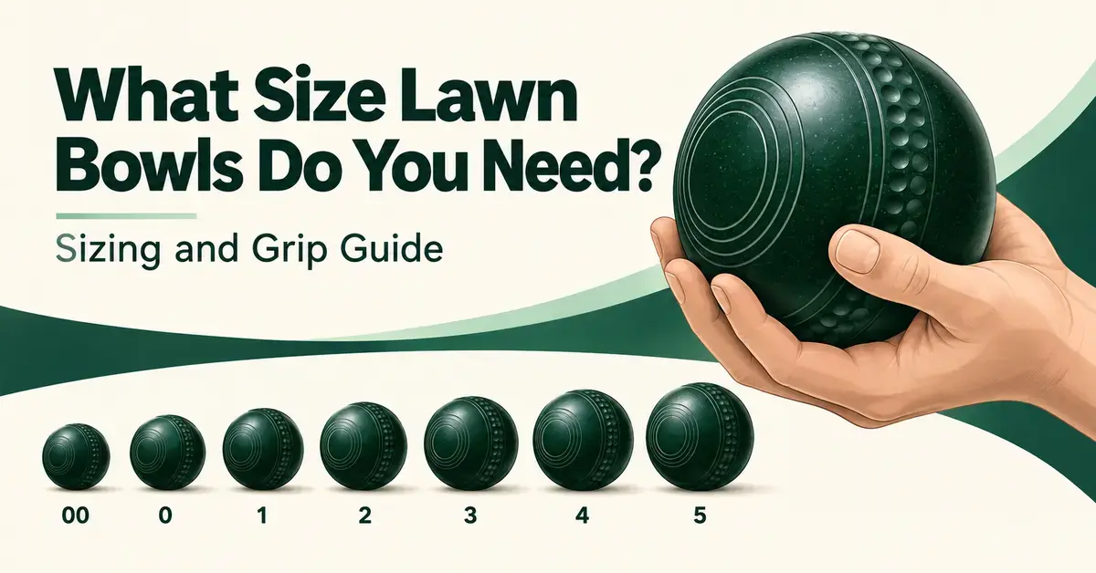 Illustrated hand holding a green lawn bowl beside a row of bowls labelled 00 to 5, with the title ‘What Size Lawn Bowls Do You Need?’ and subtitle ‘Sizing and Grip Guide’.