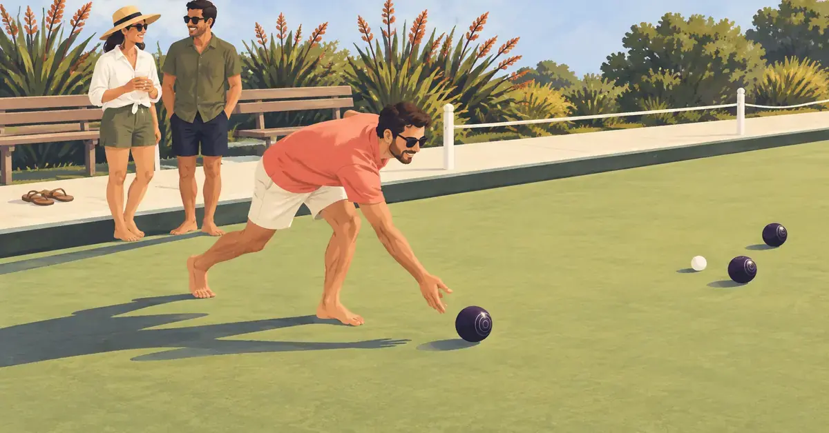 Illustration of a barefoot player rolling a lawn bowl towards a white jack as two friends chat beside a sunny New Zealand bowling green.