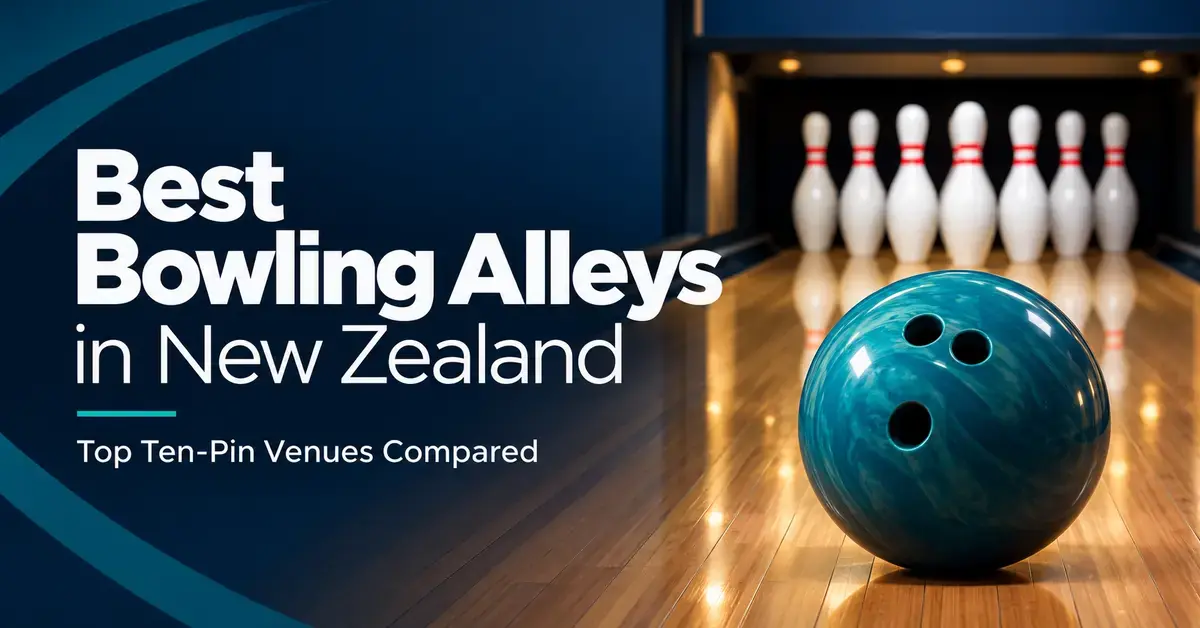 A teal bowling ball and white pins on a polished lane beside the heading “Best Bowling Alleys in New Zealand: Top Ten-Pin Venues Compared”.