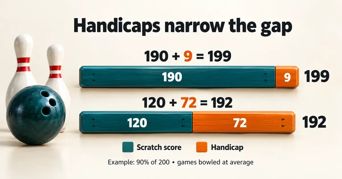 Two bowling score bars show handicaps narrowing the gap, with 190 plus 9 pins totalling 199 and 120 plus 72 pins totalling 192.