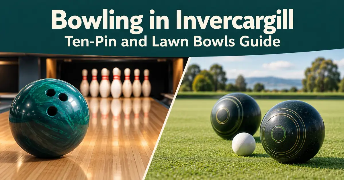 A graphic for Bowling in Invercargill showing a ten-pin bowling ball and pins on an indoor lane beside lawn bowls and a white jack on a grass green.