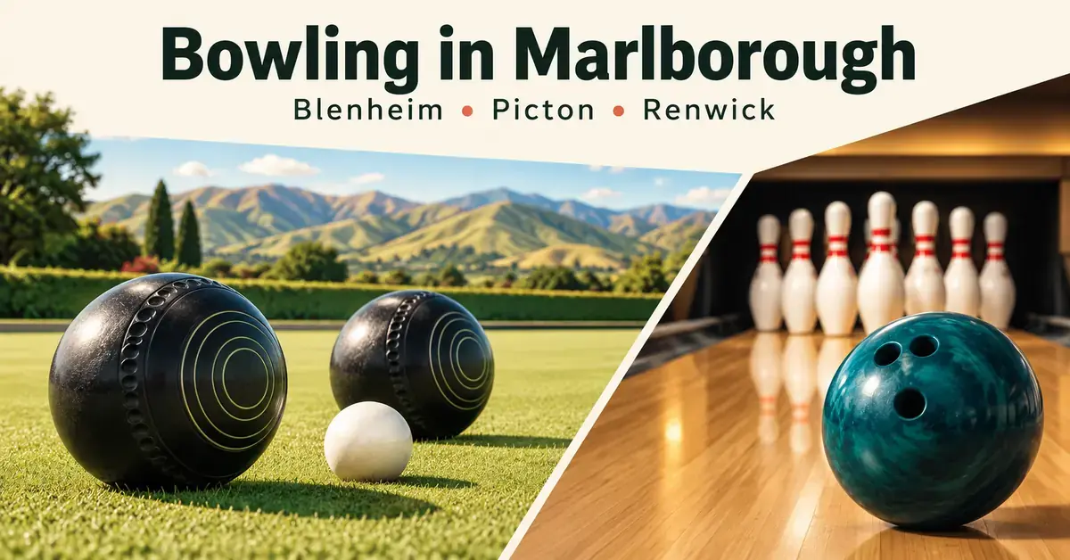 Graphic titled “Bowling in Marlborough” showing lawn bowls and a white jack on a sunny green beside a ten-pin bowling ball and pins, with Blenheim, Picton and Renwick named below the heading.