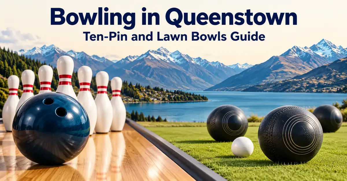 Ten-pin bowling pins and a blue ball beside lawn bowls and a white jack, with Queenstown’s lake and mountains behind and the title Bowling in Queenstown: Ten-Pin and Lawn Bowls Guide.