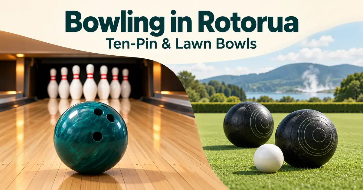 Graphic for Bowling in Rotorua showing a teal ten-pin bowling ball and pins beside lawn bowls and a white jack on a green.