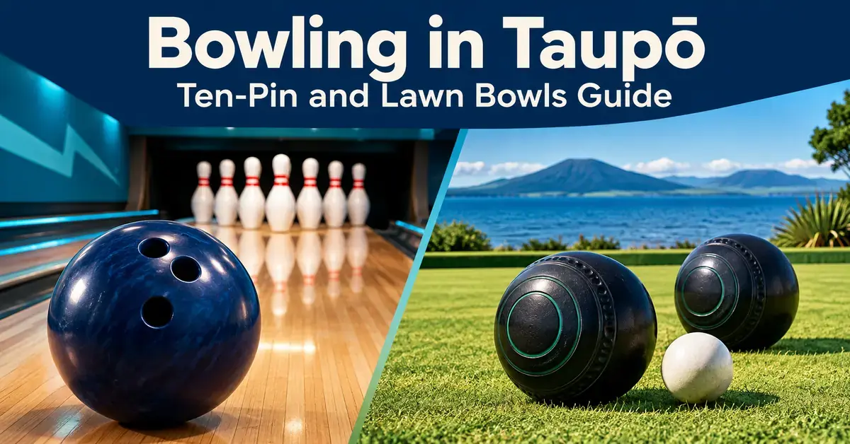 Split graphic showing a ten-pin bowling ball and pins indoors alongside lawn bowls and a white jack on a lakeside green, titled “Bowling in Taupō: Ten-Pin and Lawn Bowls Guide”.