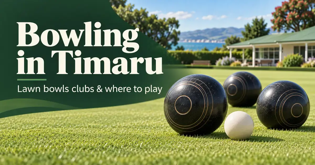 Three dark lawn bowls and a white jack on a sunny bowling green beside the heading ‘Bowling in Timaru’ and subtitle ‘Lawn bowls clubs & where to play’.