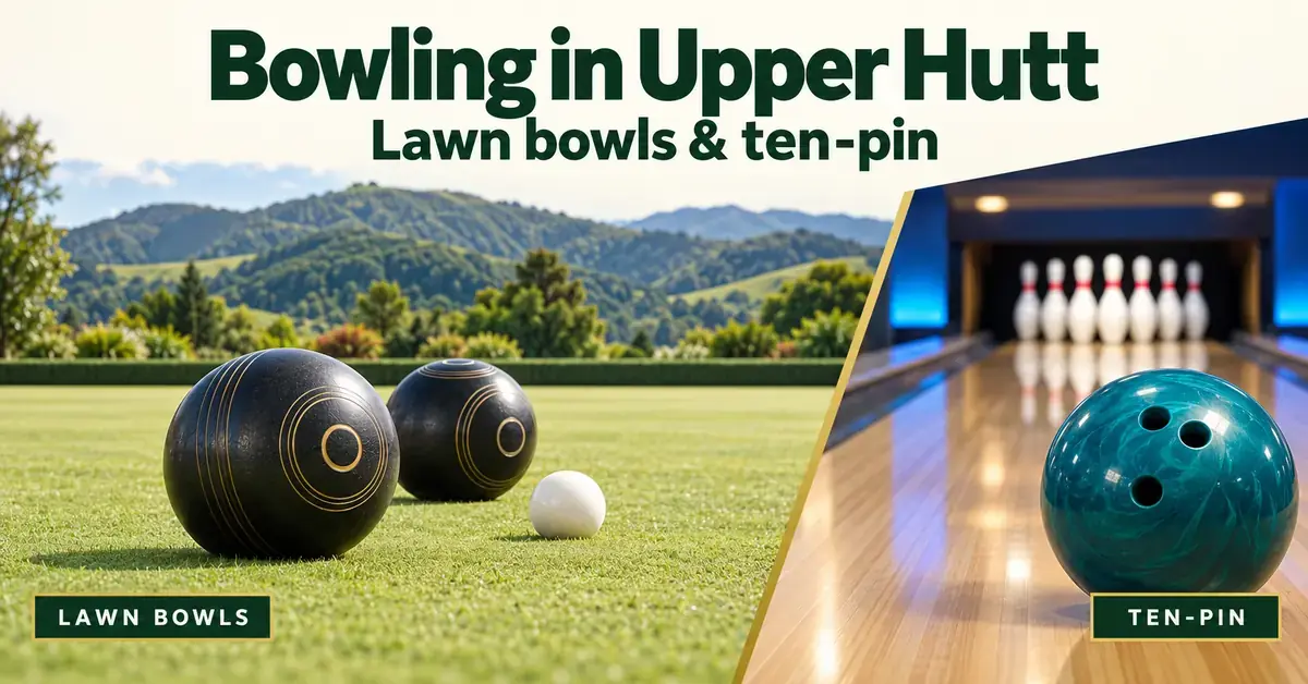 Graphic for bowling in Upper Hutt showing lawn bowls and a white jack on a green beside a ten-pin bowling ball and pins on an indoor lane.