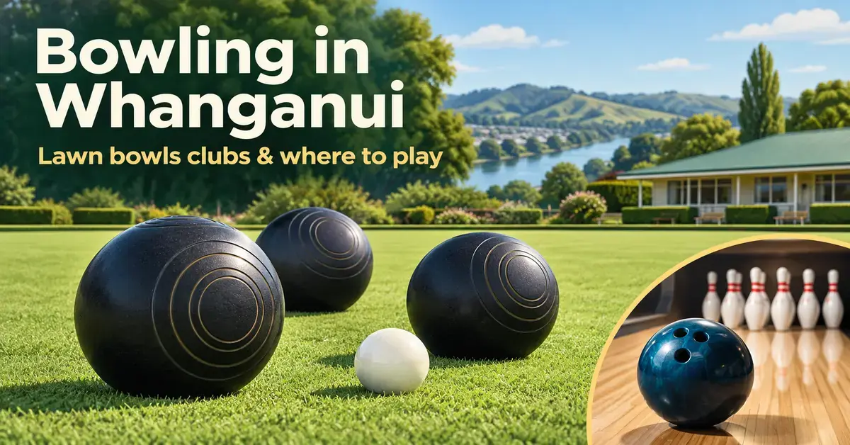 Lawn bowls and a white jack on a green beneath the title ‘Bowling in Whanganui’, with an inset showing a ten-pin bowling ball and pins.