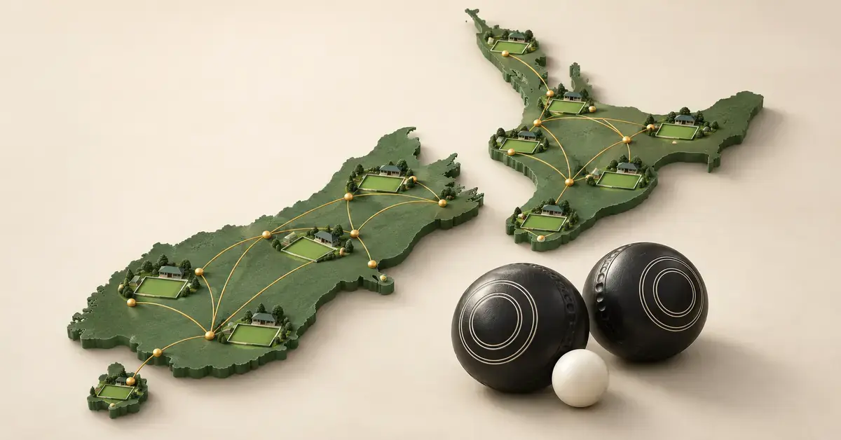 A sculpted map of New Zealand links miniature lawn bowls clubs with gold lines, with two black bowls and a white jack in the foreground.