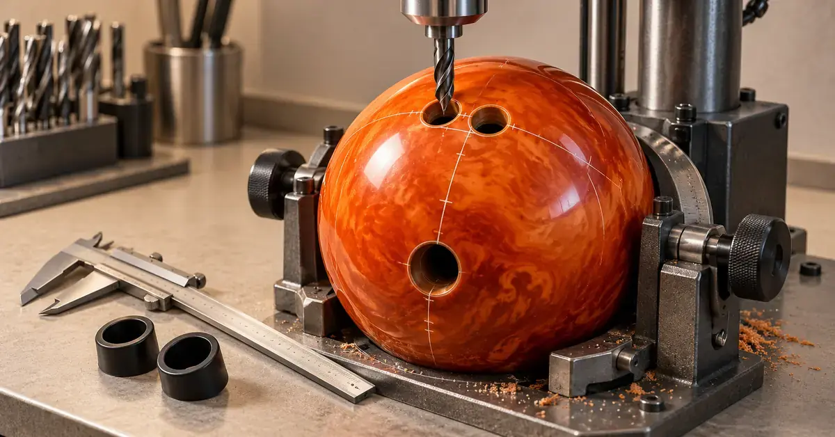 An orange ten-pin bowling ball with custom fitting marks sits beneath a drill press in a pro shop, with calipers and finger inserts beside it.