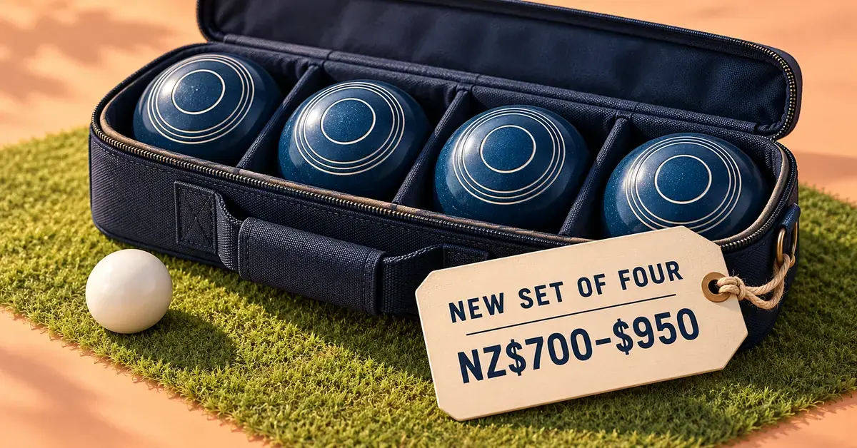 Four blue lawn bowls in an open carry case beside a white jack and a price tag showing NZ$700–$950 for a new set of four.
