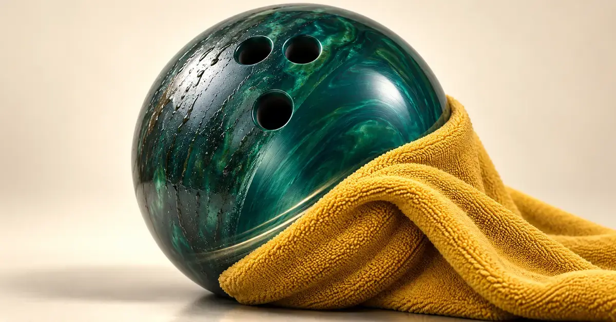 A yellow microfibre cloth wipes lane oil from a green tenpin bowling ball, revealing a clean surface to help maintain its hook.