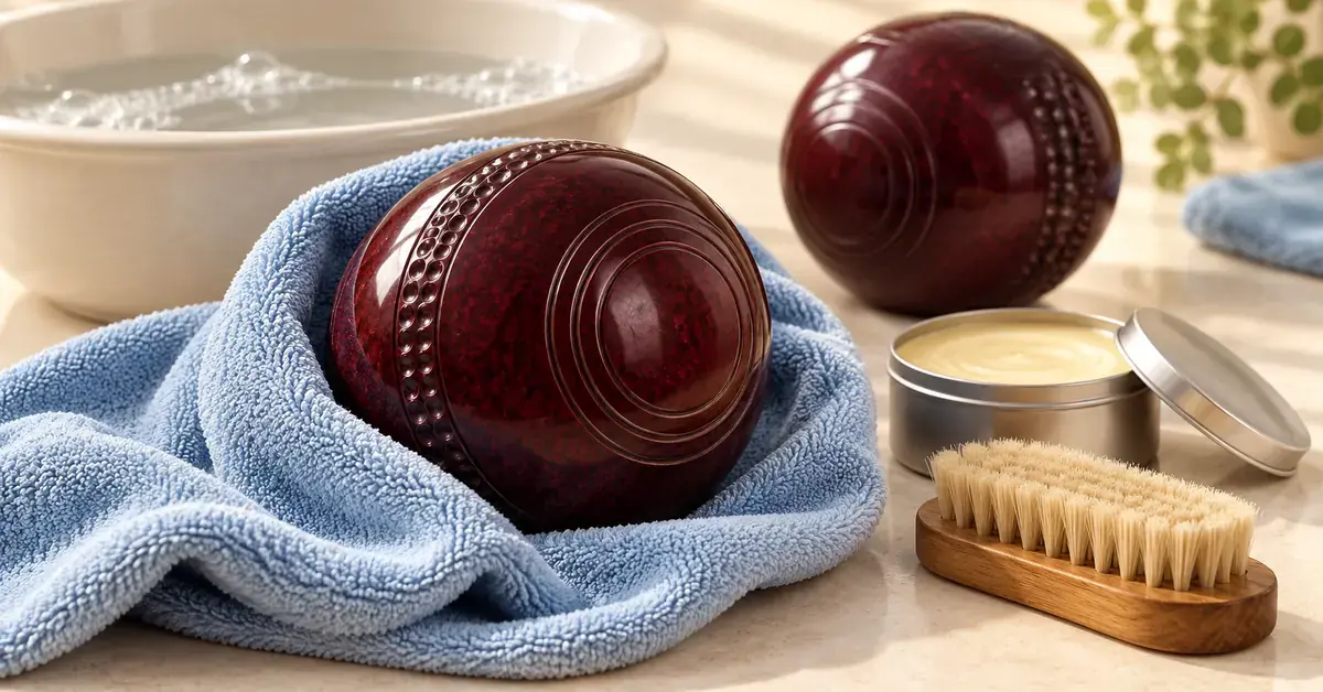 Two polished burgundy lawn bowls with a blue microfibre cloth, soft brush, polishing wax and a basin of soapy water.