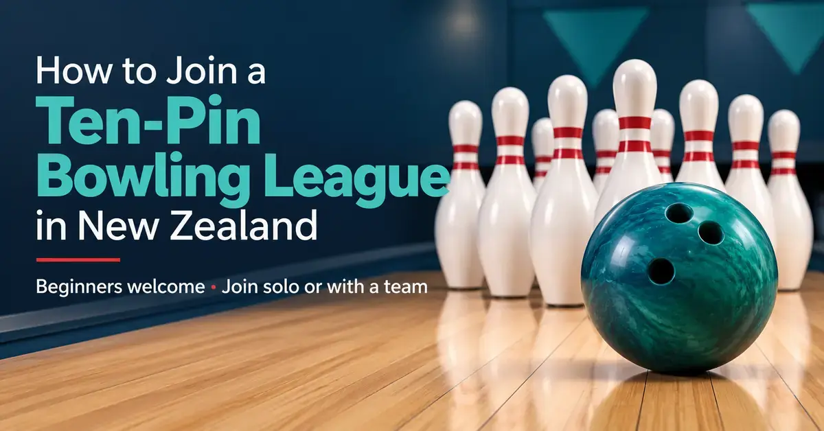 A teal bowling ball and white pins on a timber lane beside text about joining a ten-pin bowling league in New Zealand, welcoming beginners to join solo or with a team.
