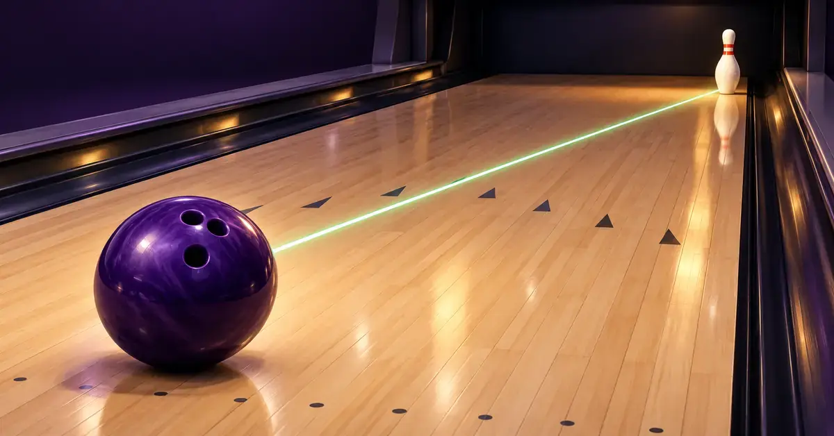 A purple bowling ball lines up a cross-lane shot towards a lone corner pin, with a glowing guide showing the path to pick up the spare.