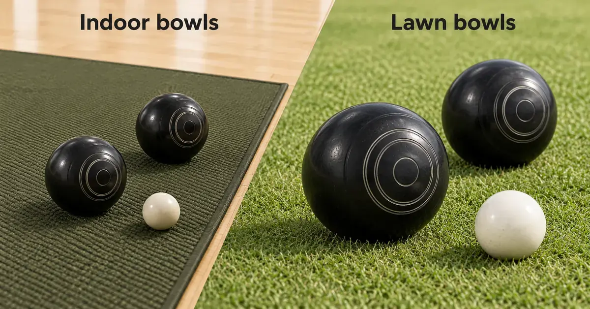 Side-by-side comparison of smaller indoor bowls on a woven mat and larger lawn bowls on grass, each arranged beside a white jack.