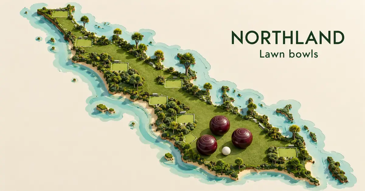 Stylised aerial illustration of Northland with miniature lawn bowling greens, three burgundy bowls and a white jack surrounded by turquoise coastal waters.