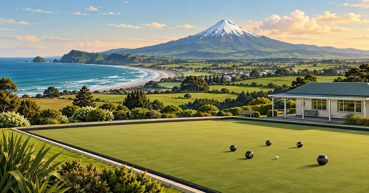 Illustration of a coastal lawn bowling green and clubhouse with Mount Taranaki rising above farmland and the Tasman Sea.