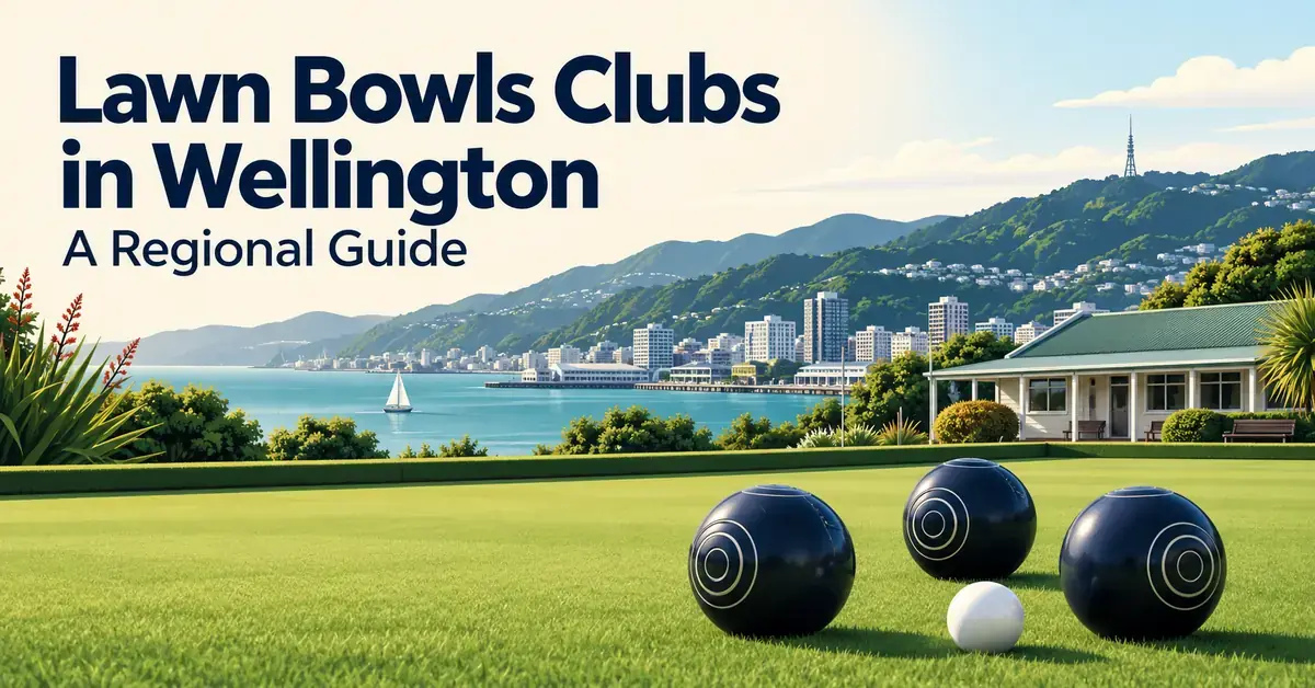 Illustration of lawn bowls and a white jack on a green overlooking Wellington harbour, with the title Lawn Bowls Clubs in Wellington: A Regional Guide.