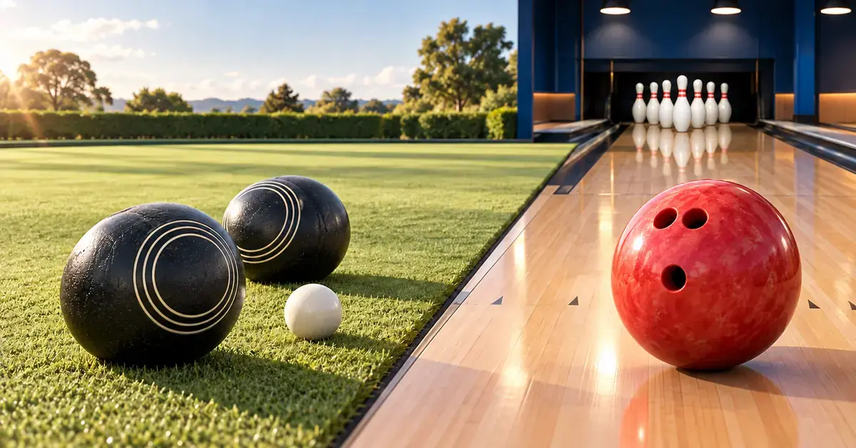 Two dark lawn bowls and a white jack on a sunlit green beside a red ten-pin bowling ball and pins on an indoor wooden lane.
