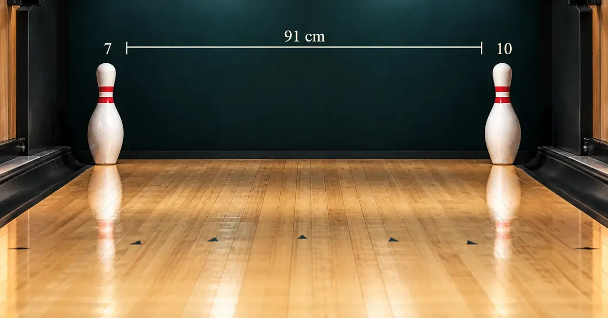 The 7 and 10 pins stand at opposite back corners of a bowling lane, with a 91 cm measurement highlighting the gap between them.